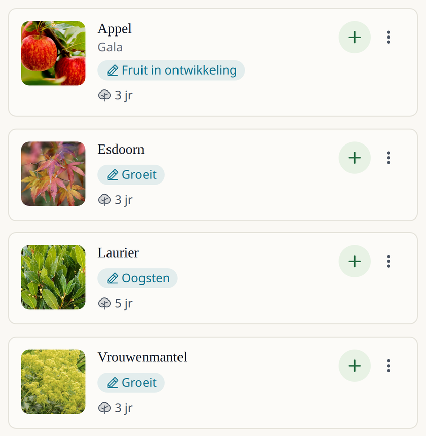 Leaftide-appscherm: een lijst met vaste planten (een esdoorn, vrouwenmantel, een appelboom en een laurier), elk met een foto, de huidige fase en de leeftijd in jaren.