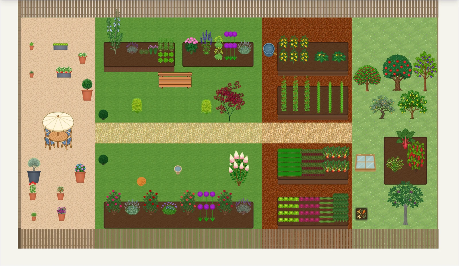Leaftide plot designer showing a whole garden plan: a patio with pots, herb and flower borders, vegetable beds, a fruit corner and a lawn.