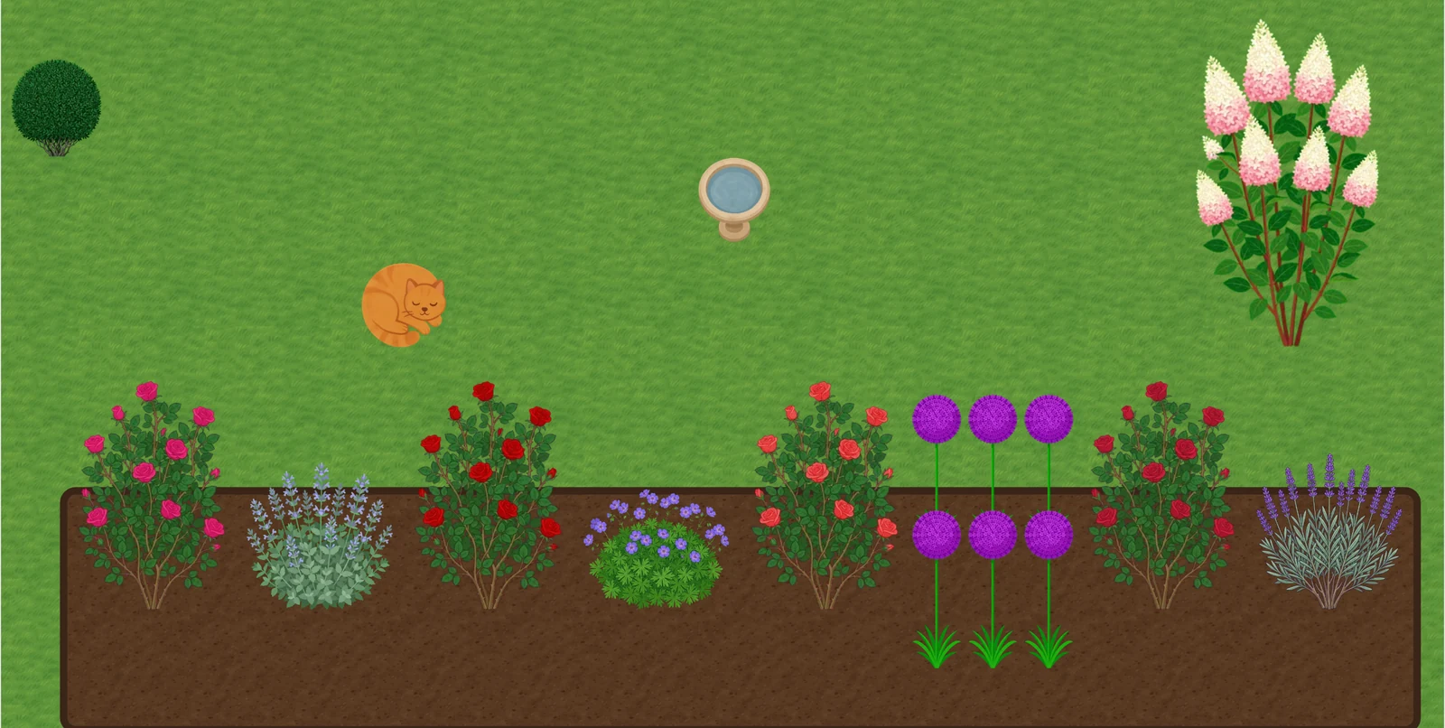 Leaftide plot designer showing a rose border with catmint, alliums and lavender between the roses, and a hydrangea and a birdbath on the lawn behind.
