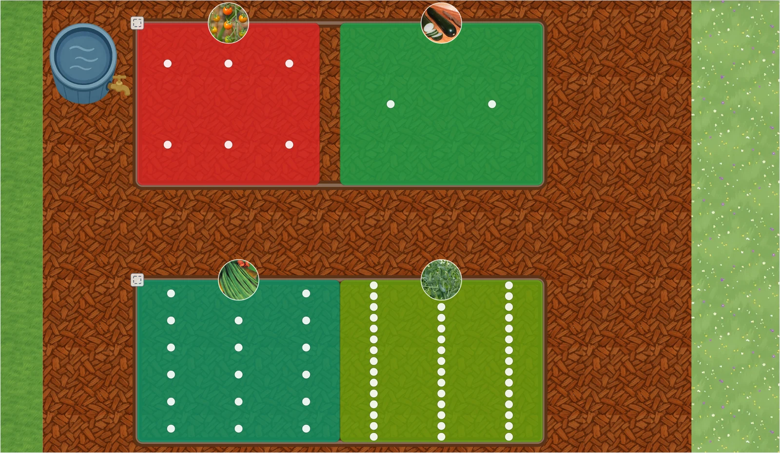 Leaftide plot designer in edit mode: four crops drawn as coloured blocks in two raised beds, with a dot for each plant showing how they are spaced.