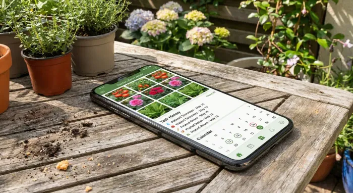 Smartphone showing a garden app with plant photos, task history, and dates