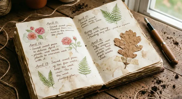 Open paper garden journal with handwritten notes, plant sketches, and a pressed leaf
