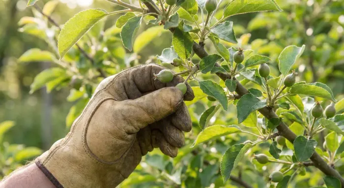 A hand gently removing small fruitlets from a young tree
