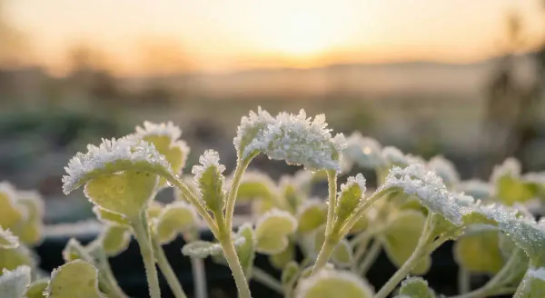 Frost crystals forming on young green seedling leaves at dawn