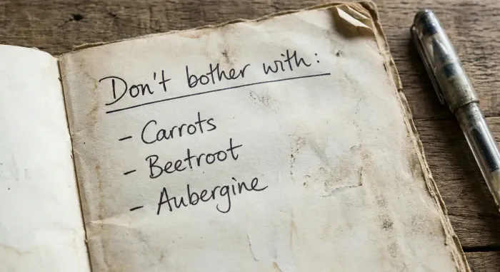 A notebook page with a short list titled 'Do not bother with:' and a few plant names listed
