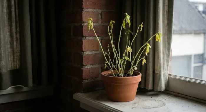 A sun-loving plant struggling in shade, pale and sparse