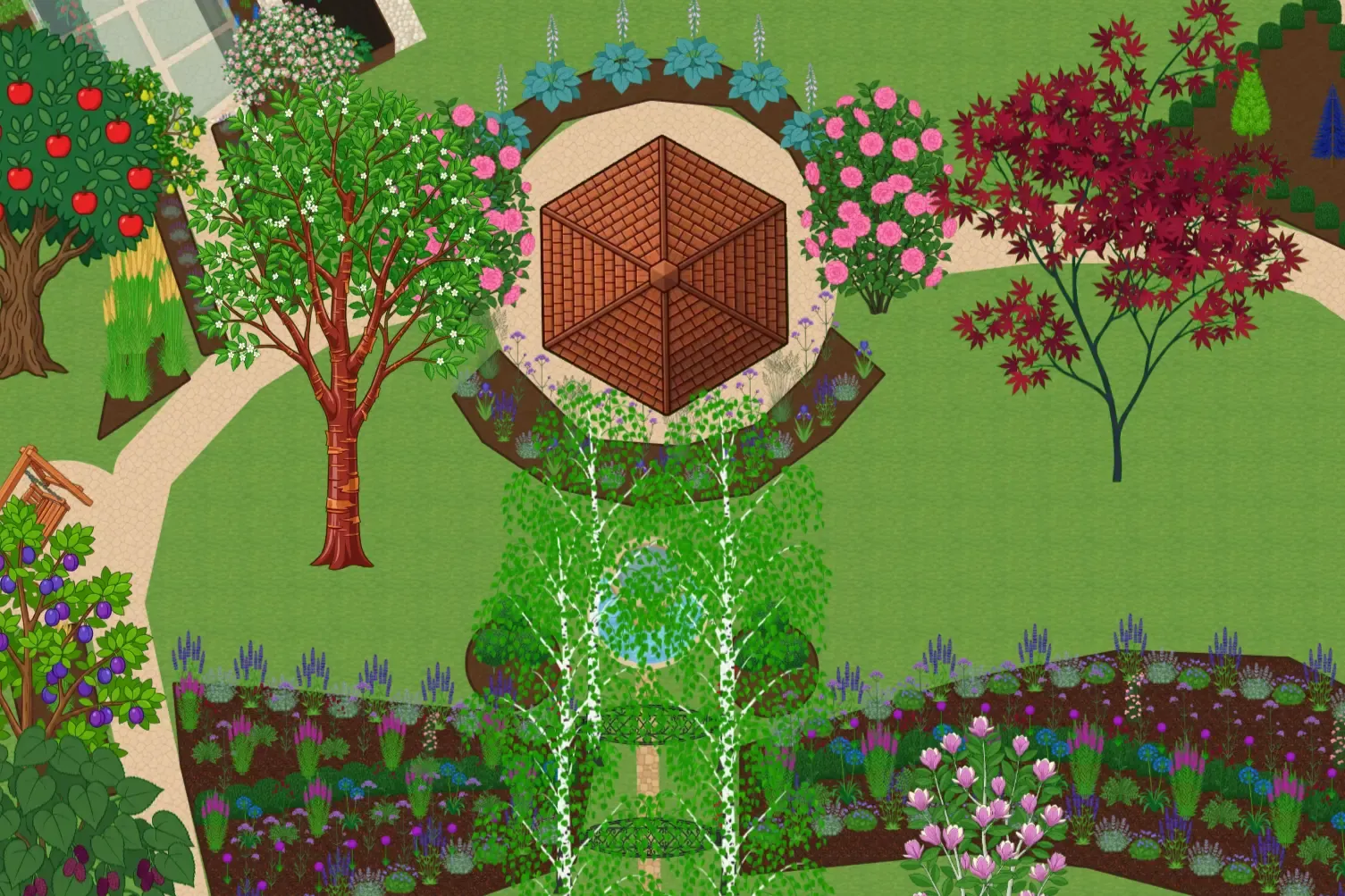 A garden planned in the Leaftide plot designer: a gazebo ringed by roses and hostas, paths across the lawn, flower borders, birches, a Japanese maple, an apple tree and a plum tree.