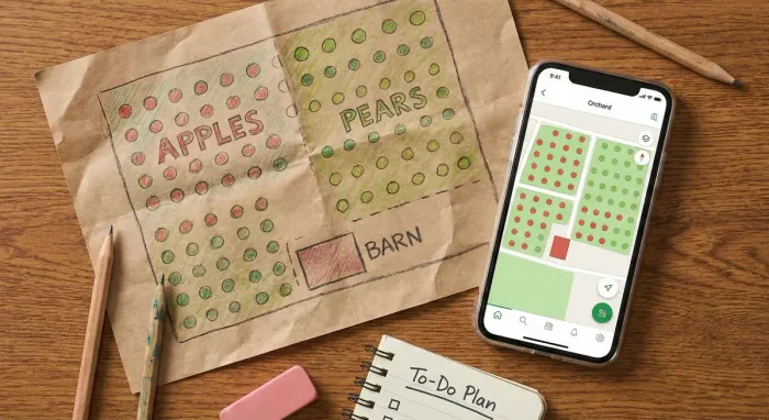 Overhead view of a hand-drawn orchard map on paper next to a phone showing a digital version, with pencils nearby