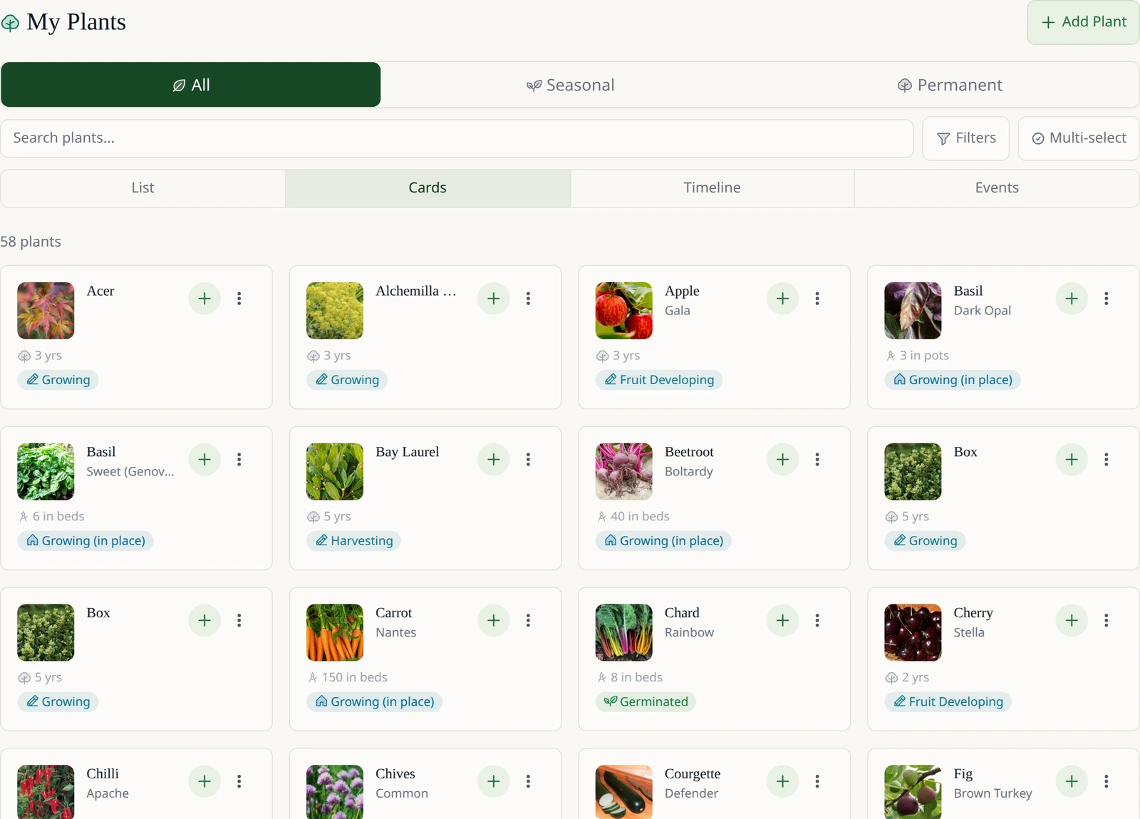 Leaftide My Plants page: a grid of plant cards, each with a photo, variety and current stage, from an acer and an apple tree to basil, carrots and chard.