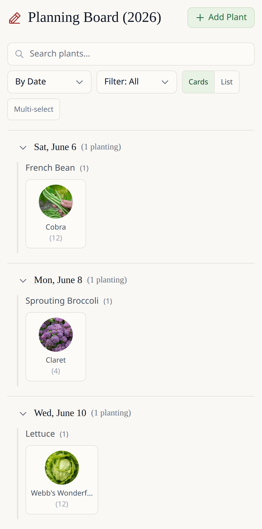 Leaftide Planning Board for 2026: plants not started yet, grouped by start date, with French beans, sprouting broccoli and lettuce first.